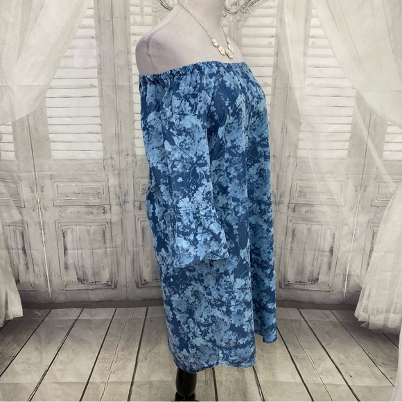 Ruby Rd Size PM Petite Medium Blue Shift Dress Floral 3/4 Sleeve Off Shoulder - Picture 4 of 8